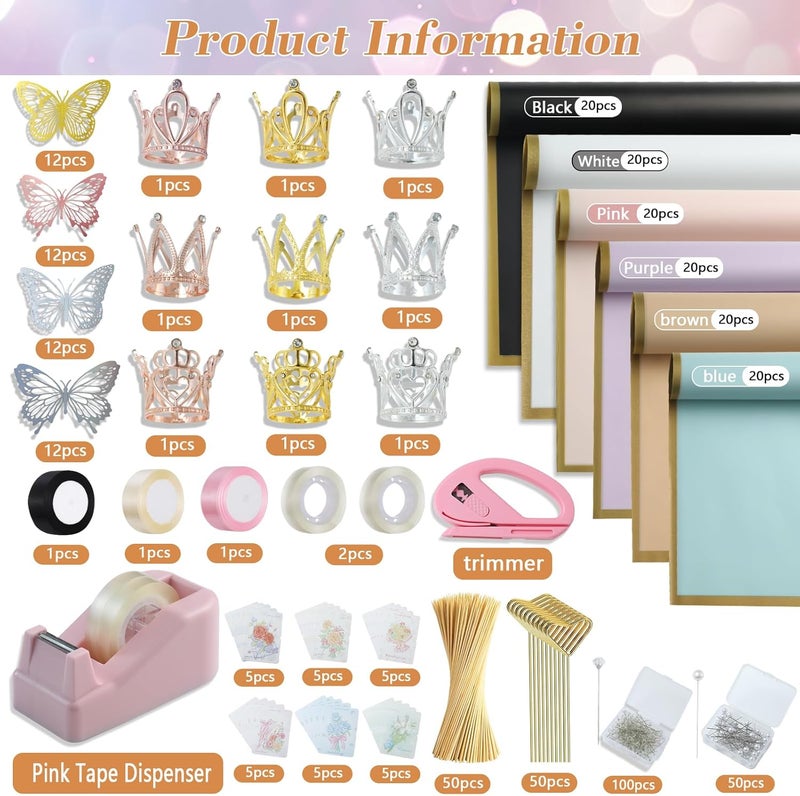 XEUZK 430Pcs Floral Wrapping Paper Kits, &120Sheet Waterproof Floral Paper, RibbonX3 Bamboo SticksX50, Tape Dispenser,Tape X2, Flower PinsX150, ButterfliesX48, CrownsX9, Greeting CardX30 for Wrapping - Image 2